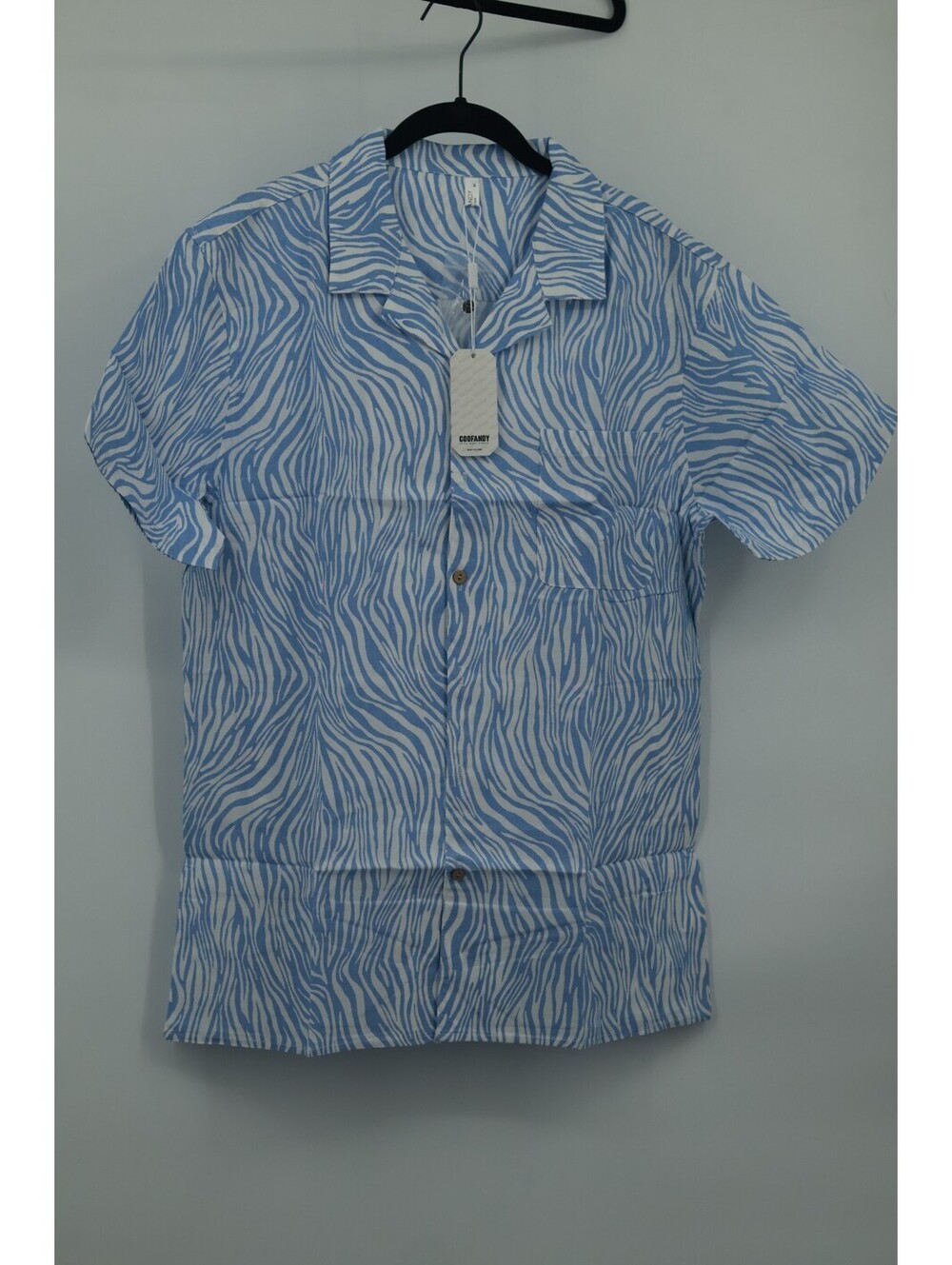 COOFANDY Men's Blue White Zebra Print Shirt Button Down Short Sleeve M NWT